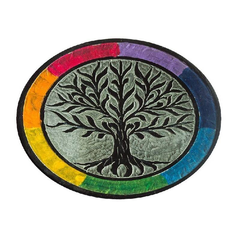 Räucherstäbchenhalter "Baum Des Lebens Rainbow" Speckstein Rund 10 Cm von Saraswati