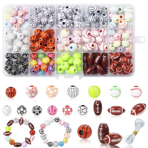 Sarini 200 Stück Sportball-Perlen in 15 Stilen zur Schmuckherstellung, Acryl-Baseball-Perlen, Armband-Bastelset für Jungen, Softball-Perlen, Basketball-Anhänger für Heimwerker von Sarini