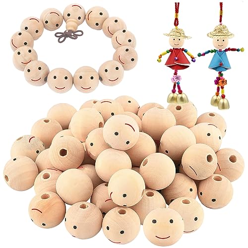 60 Stück Holzperlen Mit Gesicht 20mm, Natur Mit Loch und Smiley, Engel Gesicht für DIY Handgefertigten von Sasibiyb