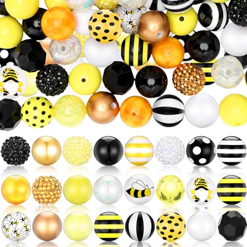 Sasylvia 100 Stück 20 mm Bienen-Thema, Kaugummi-Perlen, 24 Stile, Bienen-Thema, gelb, gemischt, Kaugummi-Perlen, Set, runde Abstandshalter, Kunststoffperlen für Bastelarbeiten, Schmuckherstellung, von Sasylvia