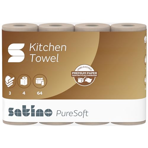 Satino PureSoft Küchentücher 3-lagig – extra saugstark & besonders umweltfreundlich dank 100% Recyclingpapier – Made in Germany – 100% recycelbar – Umfang: 4 Rollen / 64 Blatt je Küchenrolle Satino PureSoft Küchentücher 3-lagig – extra saugstark & besonders umweltfreundlich dank 100% Recyclingpapier – Made in Germany – 100% recycelbar – Umfang: 4 Rollen / 64 Blatt je Küchenrolle von Satino