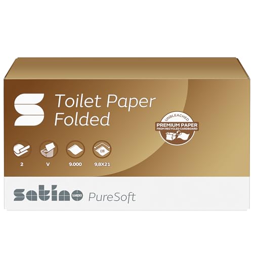 Satino PureSoft Toilettenpapier 2-lagig – 9,8 x 21 cm - V-Falz/ZZ-Falz – einfache & sparsame Entnahme - weich & umweltfreundlich - 100% Recyclingpapier - Umfang: 30 x 300 Blatt = 9000 Blatt von Satino