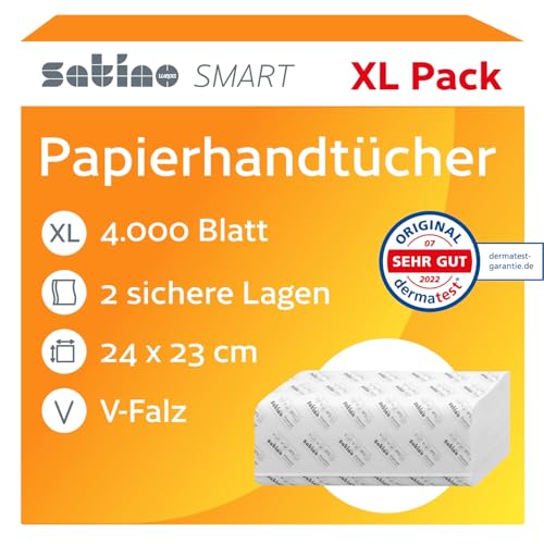 Satino – 4.000 Papierhandtücher - 2 lagig - V-Falz - 24x23cm (gefaltet: 24 x 11,5 cm) - saugstark & fusselfrei - Handtuchpapier aus Recyclingpapier - Papiertücher für PT3, PT4 von Satino