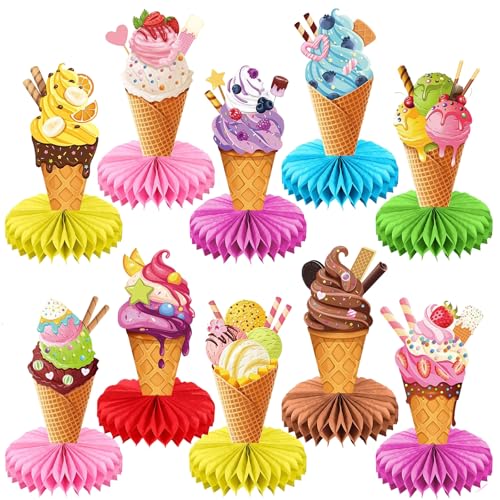 Satiskid 10 Stück Eiscreme-Waben-Mittelstücke, Eiscreme-Party-Dekorationen, bunte 3D-Waben-Tischaufsätze für Geburtstag, Sommerparty, Babyparty von Satiskid