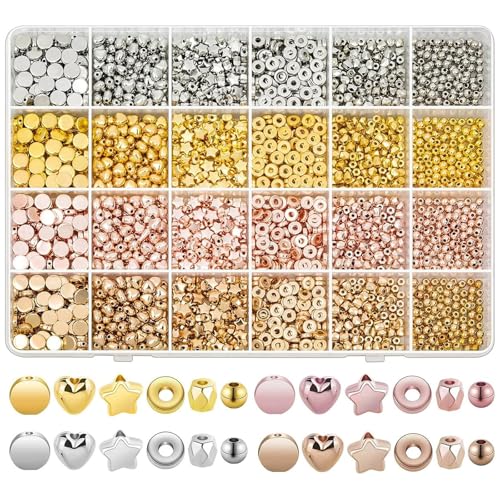 Satiskid 2160 Stück Metall Spacer Bulk perlen, Silber Gold Rosengold KC-Gold Metallperlen Abstandshalter Perlen Lose Perlen Abstandsperlen zum Auffädeln für DIY Schmuck Armband Halskette von Satiskid