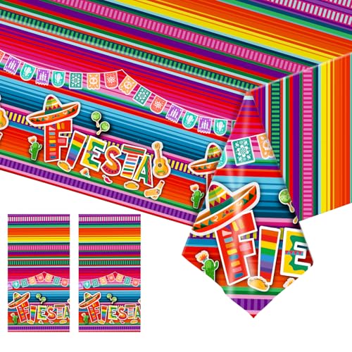 Satiskid 2 Stück mexikanische Fiesta-Party-Tischdecke, Cinco de Mayo Party-Tischdecken, bunt gestreift, Kunststoff, wasserdicht, mexikanische Themenparty-Dekoration, Tischdecke (130 x 220 cm) (rot) von Satiskid