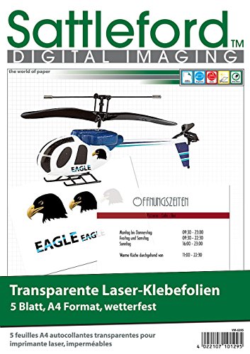 Sattleford Klebepapier: 5 Klebefolien A4 für Laserdrucker transparent (Wetterfeste Folie Laserdrucker, Transparente Folie bedrucken Laser, selbstklebend wetterfest) von Sattleford