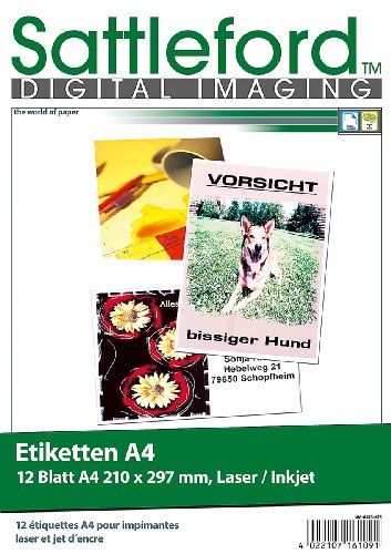 Sattleford Adressaufkleber: 12 Etiketten A4 210x297 mm für Laser/Inkjet (Selbstklebendes Papier, Etiketten Papier für Drucker, Druckerpapier) von Sattleford