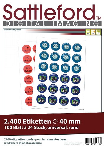 Sattleford Flaschenetiketten: 2400 Etiketten rund 40 mm für Laser/Inkjet (Etiketten Papier für Drucker, Klebeetiketten für Drucker, Druckerpapier) von Sattleford