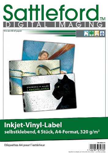 Sattleford Bedruckbare Vinylfolie: 4 Vinyl-Klebefolien für Inkjet-Drucker, wetterfest, DIN A4, weiß (Inkjet Folie) von Sattleford