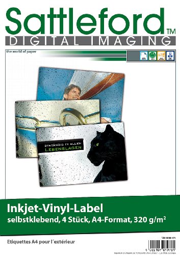 Sattleford Bedruckbare Vinylfolie: 4 Vinyl-Klebefolien für Inkjet-Drucker, wetterfest, DIN A4, weiß (Bedruckbare Vinylfolie wasserfest, Aufkleberfolie, Tintenstrahldrucker) von Sattleford