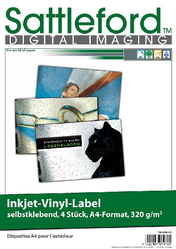 Sattleford Bedruckbare Vinylfolie: 4 Vinyl-Klebefolien für Inkjet-Drucker, wetterfest, DIN A4, weiß (Bedruckbare Vinylfolie wasserfest, Vinyl wasserfest, Tintenstrahldrucker) von Sattleford