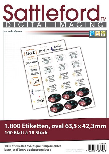 Sattleford Flaschenetiketten: 1800 Etiketten oval 63,5x42,3 mm für Laser/Inkjet (Etiketten Druckerpapier, Drucker Etiketten selbstklebend, Kleber) von Sattleford