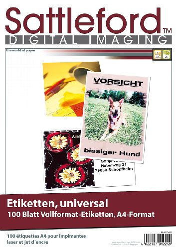 Sattleford Etikettenpapier: 100 Etiketten A4 210x297 mm für Laser/Inkjet (Druckerpapier selbstklebend, Selbstklebendes Papier, Drucker) von Sattleford
