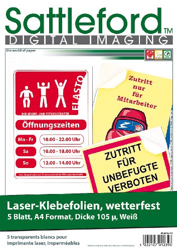 Sattleford Wetterfeste Etiketten: 5 Klebefolien wetterfest A4 für Laserdrucker weiß (Fotopapier selbstklebend, Folie Laserdrucker, Druckerpapier) von Sattleford