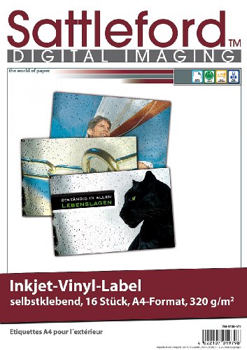 Sattleford Vinylfolie: 16 Vinyl-Klebefolien für Inkjet-Drucker, wetterfest, DIN A4, weiß (Druckerpapier selbstklebend, Inkjet Vinyl Label, Tastaturaufkleber) von Sattleford
