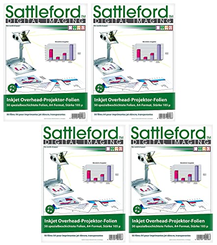 Sattleford Inkjetfolie: 200 Inkjet-Overhead-Folien, DIN A4, transparent, 115 µm, Sparpack (Druckerfolie Tintenstrahldrucker, Arbeitsprojektor Folie) von Sattleford
