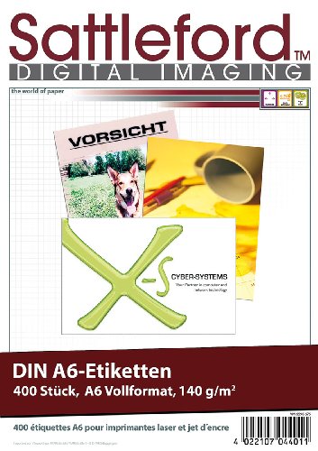 Sattleford Klebeetiketten: 400 Etiketten A6 105x148 mm für Laser/Inkjet (Etiketten Druckerpapiere, Drucker Etiketten selbstklebend, Druckerpapier) von Sattleford