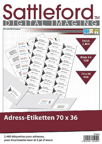 Sattleford Adressetiketten: 2400 Adress-Etiketten 70x36 mm Universal für Laser/Inkjet (Klebeettiketten, Etiketten Papier für Drucker, Druckerpapier) von Sattleford