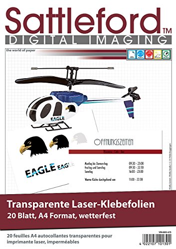 Sattleford Klebefolie Auto: 40 Klebefolien A4 für Laserdrucker transparent (Laser-Klebefolie transparent, Klebefolie wetterfest) von Sattleford