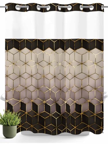 Duschvorhang ohne Haken, abstraktes geometrisches Muster, schwarz-braun, wasserdichter Stoff, Badezimmer, Netzstoff, Fenster, waschbar, goldfarbene Linien, sechseckiger Farbverlauf, 183 x 183 cm Duschvorhang ohne Haken, abstraktes geometrisches Muster, schwarz-braun, wasserdichter Stoff, Badezimmer, Netzstoff, Fenster, waschbar, goldfarbene Linien, sechseckiger Farbverlauf, 183 x 183 cm von Savannan