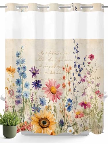 Duschvorhang ohne Haken, mit Einrastfutter, Frühling, Sommer, Blume, Vintage, wasserdichter Stoff, Badezimmervorhang, Netzstoff, Fenster, waschbar, florale Wildblumen, bunt, 183 x 183 cm Duschvorhang ohne Haken, mit Einrastfutter, Frühling, Sommer, Blume, Vintage, wasserdichter Stoff, Badezimmervorhang, Netzstoff, Fenster, waschbar, florale Wildblumen, bunt, 183 x 183 cm von Savannan