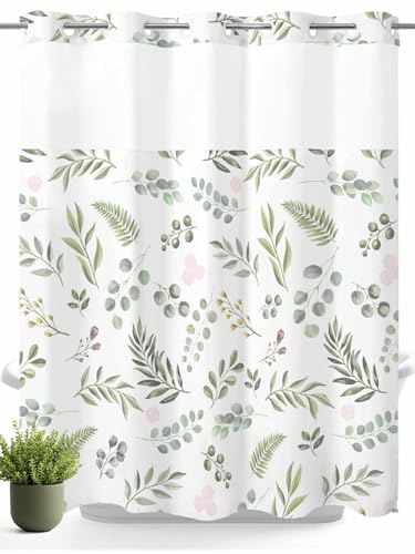 Duschvorhang ohne Haken, mit einrastbarem Futter, grüne Eukalyptusblätter, Kräuter, wasserdichter Stoff, Badezimmervorhang, Netzstoff, Fenster, waschbar, Aquarell-Laub, nahtlos, 183 x 183 cm von Savannan