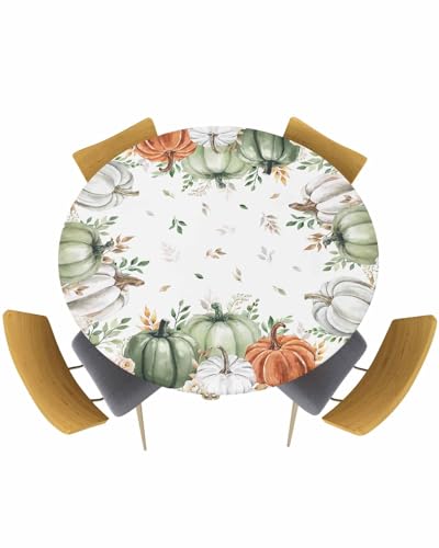 Runde Tischdecke zum Erntedankfest, Kürbissalbeigrün, Orange, Herbstblumen-Blätter, weiß, wasserdicht, Tischdecke mit elastischem Rand, für Picknickpartys im Freien, passend für Tische bis zu 139,7 cm von Savannan