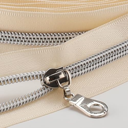 Sawoake 9m Bulk Zipper, (#5) Reißverschlüsse zum Nähen, Beige Nylon Coil Zipper mit Silver zähnen, Ersatz Nähreißverschluss mit 20PCS Reißverschluss Sliders(#5 Beige Silver) von Sawoake