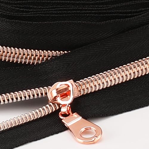 Sawoake 9m Bulk Zipper, (#5) Reißverschlüsse zum Nähen, Black Nylon Coil Zipper mit Rose Gold zähnen, Ersatz Nähreißverschluss mit 20PCS Reißverschluss Sliders(#5 Black Rose Gold) von Sawoake