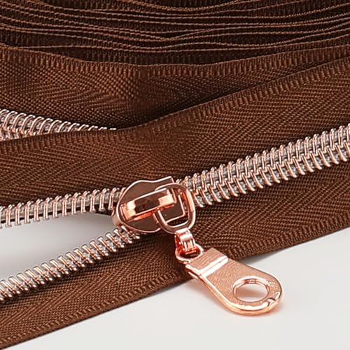 Sawoake 9m Bulk Zipper, (#5) Reißverschlüsse zum Nähen, Brown Nylon Coil Zipper mit Antique zähnen, Ersatz Nähreißverschluss mit 20PCS Reißverschluss Sliders(#5 Brown Rose Gold) von Sawoake