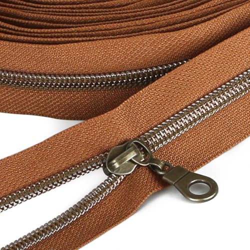 Sawoake 9m Bulk Zipper, (#5) Reißverschlüsse zum Nähen, Brown Nylon Coil Zipper mit Rose Gold zähnen, Ersatz Nähreißverschluss mit 20PCS Reißverschluss Sliders(#5 Brown Antique Brass) von Sawoake