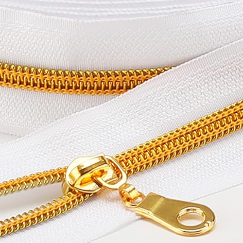 Sawoake 9m Bulk Zipper, (#5) Reißverschlüsse zum Nähen, White Nylon Coil Zipper mit Gold zähnen, Ersatz Nähreißverschluss mit 20PCS Reißverschluss Sliders(#5 White Gold) von Sawoake