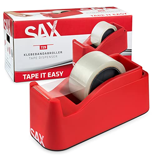 SAX Tape it Easy XXL Einhand Klebeband Abroller extra Schwer | für 1x 50mm Band oder 2x 25mm Band, Paketbandabroller mit Stiftehalter Funktion, rutschfest, inkl. doppelseitige Klinge, Rot von Sax