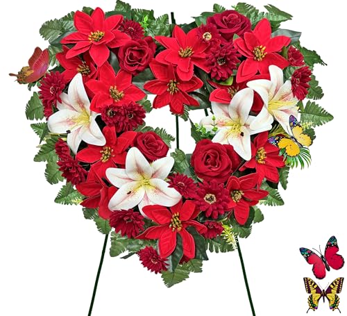 Saxili Seidenkränze für Weihnachten – Ebullient stehendes Herz, Grabkranz mit 76,2 cm Staffelei, Gedenkblumen, roter Weihnachtsstern und Lilie Saxili Seidenkränze für Weihnachten – Ebullient stehendes Herz, Grabkranz mit 76,2 cm Staffelei, Gedenkblumen, roter Weihnachtsstern und Lilie von Saxili