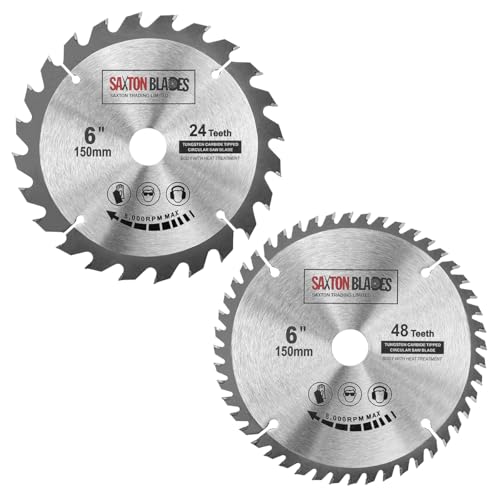 Saxton TCT Kreissägeblätter, 150 mm x 20 mm Bohrung, 24 & 48 Zähne + 16 mm und 10 mm Ring, kompatibel mit Ryobi, Bosch, Makita, Dewalt, 2 Stück von Saxton Blades