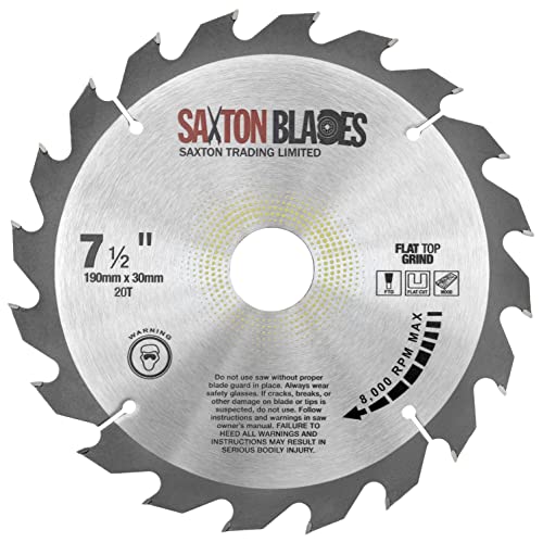 Saxton TCT Kreissägeblatt mit flacher Oberseite, 190 mm x 20 T x 30 mm, Bohrung und Ringe, passend für Bosch, Makita etc von Saxton Blades