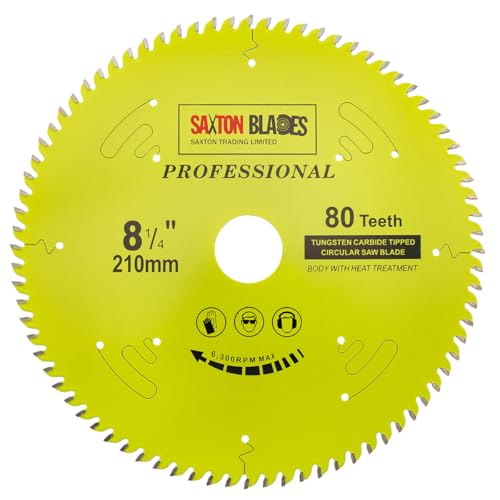 Saxton TCT21080TPRO Kreissägeblatt der Professional-Serie, 210 mm x 80 t x 30 mm Bohrung, 16, 20, 25 mm, 25,4 mm Reduzierringe kompatibel mit Evolution Festool Bosch Makita Dewalt von Saxton Blades