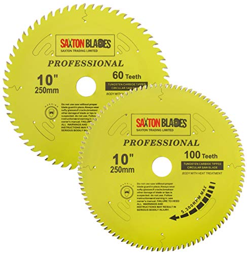 Saxton TCT250MXATPRO Kreissägeblatt der Professional-Serie, 250 mm 60 und 100 T x 30 mm Bohrung, 16, 20, 25 mm und 25,4 mm Reduzierringe, kompatibel mit Bosch Makita Dewalt von Saxton Blades