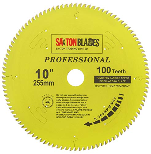 Saxton TCT255100TPRO Kreissägeblatt der Professional-Serie, 255 mm 100 T x 30 mm Bohrung, 16, 20, 25 mm und 25,4 mm Reduzierringe, kompatibel mit Evolution Festool Bosch Makita Dewalt von Saxton Blades