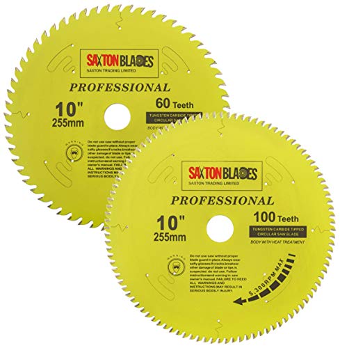 Saxton TCT255MXAPRO Kreissägeblatt der Professional-Serie, 255 mm 60 und 100 T x 30 mm Bohrung, 16, 20, 25 mm und 25,4 mm Reduzierringe, kompatibel mit Evolution Festool Bosch Makita Dewalt von Saxton Blades