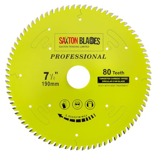 Saxton Tools TCT Kreissägeblatt 190 mm x 80 Zähne x 30 mm Bohrung, 16, 20, 25 mm Reduzierringe, Geeignet für Holz, Schnurgebunden und Akku-Kreissägen, Kompatibel mit Bosch, Makita, Dewalt etc Saxton Tools TCT Kreissägeblatt 190 mm x 80 Zähne x 30 mm Bohrung, 16, 20, 25 mm Reduzierringe, Geeignet für Holz, Schnurgebunden und Akku-Kreissägen, Kompatibel mit Bosch, Makita, Dewalt etc von Saxton Tools