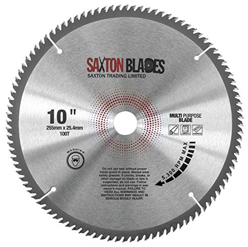 TCT255100TTCG254B Saxton TCT Kreissägeblatt 255 mm x 100 T x 25,4 mm Bohrung, Aluminium-Laminat, Hartholz, passend für Evolution von Saxton Tools