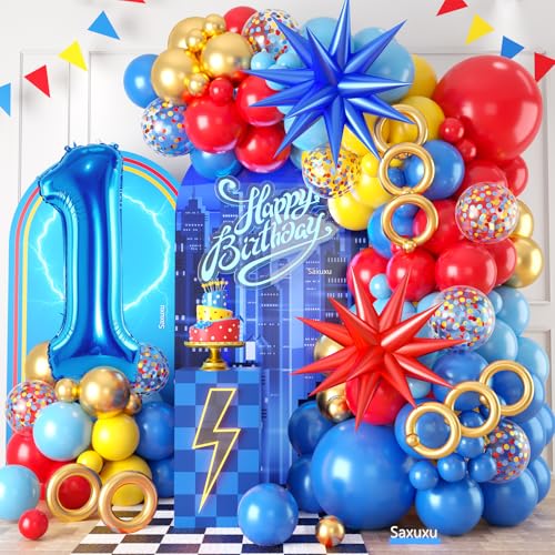1. Geburtstag Dekorationen für Jungen, Rot Gelb Blau Erster Geburtstag Ballon Girlande Bogen Kit Stern Folienballons 40 Zoll Nummer 1 Ballon für Kind 1 Jahr alt Cartoon Thema Party Baby Shower von Saxuxu