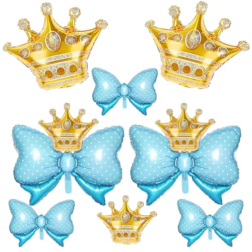 10 Stück goldene Kronenballons und blauer Bogenballon, hellblaue Schleifenballons, großer Goldkronen-Folienballon mit zwei Größen für Geburtstag, Babyparty, Prinzessin, Königin, Themenparty, Hochzeit von Saxuxu