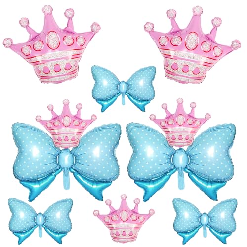 10 Stück rosa Kronenballons und blauer Bogenballon, hellblaue Schleifenballons, rosa große Krone Folienballon mit zwei Größen für Geburtstag, Babyparty, Prinzessin, Königin, Themenparty, Hochzeit von Saxuxu