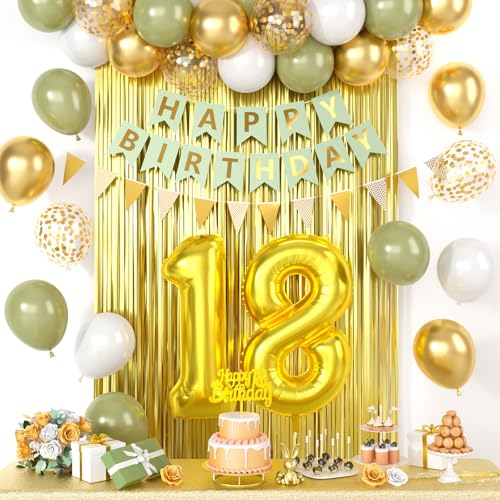 18 Geburtstag Dekorationen für Jungen Mädchen, Salbeigrün Happy Birthday Party Dekoration mit Zahl 18 Luftballons Gold Konfetti Ballons Fransen Vorhang Banner Kuchen Topper für 18 Party Supplies 18 Geburtstag Dekorationen für Jungen Mädchen, Salbeigrün Happy Birthday Party Dekoration mit Zahl 18 Luftballons Gold Konfetti Ballons Fransen Vorhang Banner Kuchen Topper für 18 Party Supplies von Saxuxu