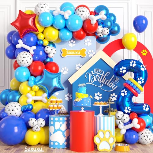 2. Geburtstag Dekorationen für Junge, Hundepfote Zweiter Geburtstag Luftballons Bogen mit Rot Blau Gelb Latex Ballon und Nummer 2 Ballon Stern Folienballon für Paw Birthday Party Supplies von Saxuxu