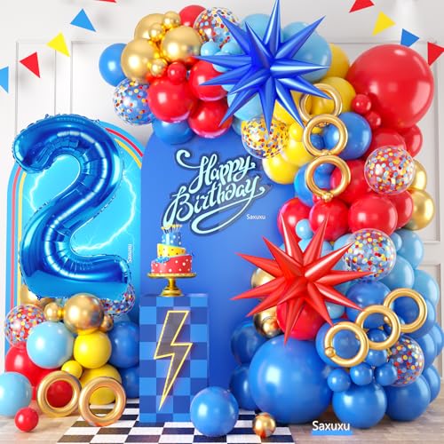 2. Geburtstag Dekorationen für Jungen, Rot Gelb Blau Zweiter Geburtstag Ballon Girlande Bogen Kit Stern Folienballons 40 Zoll Nummer 2 Ballon für Kind 2 Jahre alt Cartoon Thema Party Baby Shower von Saxuxu
