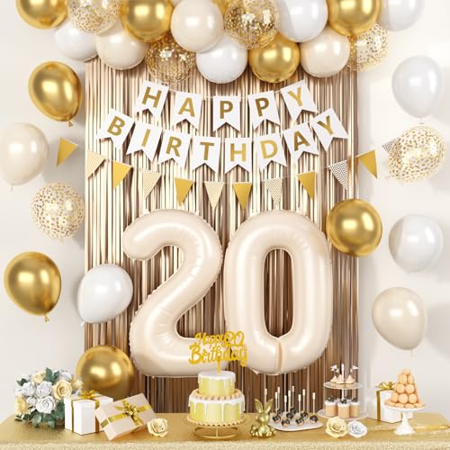 20 Geburtstag Dekorationen, Cremeweiß Happy Birthday Party Dekorationen mit Beige Nummer 20 Ballon Sand Weiß Latex Helium Ballon Champagner Fransen Vorhang Kuchen Topper Banner für 20 Party Supplies 20 Geburtstag Dekorationen, Cremeweiß Happy Birthday Party Dekorationen mit Beige Nummer 20 Ballon Sand Weiß Latex Helium Ballon Champagner Fransen Vorhang Kuchen Topper Banner für 20 Party Supplies von Saxuxu